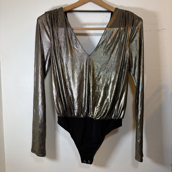 Express Tops - Express Top Womens XSmall Gold Metallic Longsleeve Bodysuit Drapey Festive Bold‎